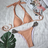 Fongt Sexy Bikini Color Female Split Strap Deluxe Crystal Diamond Swimsuit Metal Accessory