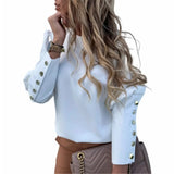 Work Wear Women Blouses Long Sleeve Back Metal Buttons Shirt Casual O-Neck Plus Size Size Tops Fall Blouse Office