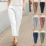 Summer Women's Cotton Linen Trousers Pants Solid Elastic Waist Oversized Pants Women Straight White Homewear Trousers