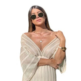 Fongt Summer New Women's Sexy Thin Dress V Collar Shawl Sleeve Hollow White