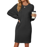 New Round Collar Solid Color Pocket Loose Long-Sleeved Dress Women-Outfit