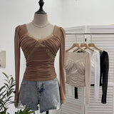 Fongt Wind Belt Chest Mat Lace Splicing Mesh Yarn Long-Sleeved T-Shirt Short Slim Top 2673