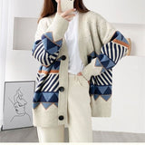 jacquard knitted cardigan lazy style loose outer jacket V-Neck Jumper Button-Up All-Match Female Loose Top Autumn