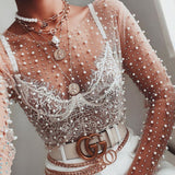 Fongt New Explosion Super Fairy Sexy Lace Jersey Bright Diamond Inside And Outside Wearing Mesh Long-Sleeved Top