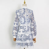 TWOTWINSTYLE Blue Elegant Print Dress For Women V Neck Lantern Long Sleeve High Waist Mini Dresses Female Spring Fashion
