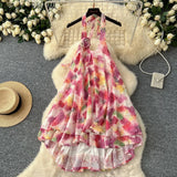 Fongt Three-Dimensional Flowers Hanging Neck Slings Loose Short A-Shaped Dress Women's Lotus Leaf Side Vacation Skirt