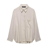 Fongt Spring New Women's Pocket Flax Simple Long Sleeve Clip Shirt 8372058