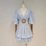 TWOTWINSTYLE Yellow Hollow Out Sexy Dress For Women V Neck Lantern Half Sleeve High Waist Patchwork Mini Dresses Female 2022