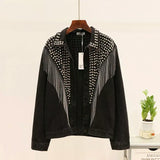 Denim Jacket Coat Women Rivet Tassel Chain Short Coats Woman Loose Streetwear Long Sleeve Black Coats Abrigo De