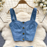 Fongt Port Style Retro Hottie Set Short Sling Vest With Mini Half-Dress Denim Two-Piece Tide