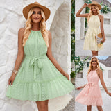 Fongt Summer 2024 New Solid Color Casual Neck Sleeveless Waist Dress-Outfit