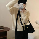 Fongt Wind Soft Waxy Spell Color Edge Autumn And Winter New Soft Waxy Irregular Oblique Collar Inclined Buckle Belt Design Sense Knit Cardigan-Outfit