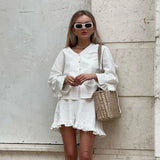 Fongt Women's Summer New Set Beige Long Sleeve Loose Casual Shirt High Waist Shorts Two-Piece Set-Outfit