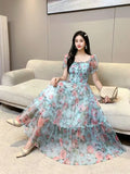 Fongt Gentle Wind And Rags Retro Tea Chiffon Dress Female Waist Temperament Shoulder Bubble Sleeve Mesh Dress