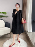 Patchwork 3D Flower Three Quarter Sleeve Single Breasted Pleated Solid Dress For Women 2024 Autumn Fashion New TH1217-Outfit