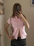Fongt Style Organ Folds Solid Color POLO Collar Short-Sleeved Shirt To Close Short Buckle Umbilical Top