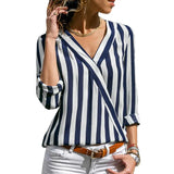 Striped Blouse V-neck Long Sleeve Blouses Shirts Casual Tops Work Wear Chiffon Shirt Plus Size Blusas Mujer De Moda