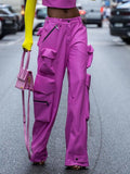 Fongt 2024 New Street Trend Multi-Pocket Pu Design Sense High Waist Slim Straight Pants Women's Loose Cargo Pants-Outfit