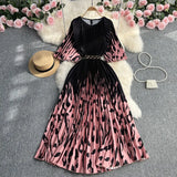 Fongt Ripe Wind Retro Temperament Three House Wrinkled A-Word Pleated Waist Show Thin Print Sleeve Round Collar To Receive Five Points Dress Female-Outfit