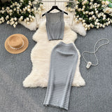 Fongt Kong Style Retro Hottie Suit Women's Summer Short Vest Top With High Waist Half Skirt Knit Two Sets