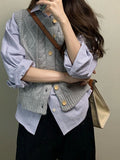Fongt New Temperament Gentle Retro Wool Knitted Vest Women Autumn New Gray Wooden Buckle Sleeveless Vest