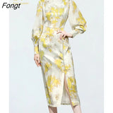 Han Queen Autumn Dresses Women Puff Sleeve Beads Vintage Dresses Office Sheath Pencil Dress Mid-Calf Printing Bodycon
