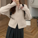 Fongt Temperament Double Zipper Pit Short New Sweater Female Spring Pocket Sweater Loose Inside Jacket Female-Outfit