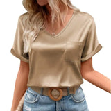 Women's Satin Satin V-Collar Pocket T-Shirt Curling Short-Sleeved Loose Casual Blouse-Outfit