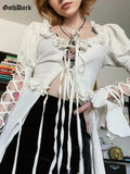 Dark Lolita Gothic White Ruffles Women Long Blouses Lace Up Cut Out Flare Sleeve Shirt Dresses Harajuku Cute Fashion