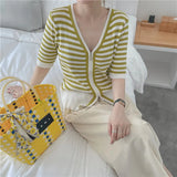 New 2022 Chic Striped Korean Fashion Zipper Cardigans Knitted Women Summer V-Neck Vintage Elegant Lady Tops