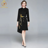 New Fashion Designer Black Dresses Spring Autumn Women's Embroidery Elegant Asymmetrical Vestido Da