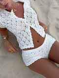 Fongt Spring And Summer New Women's Shawl Short Hollow Knitted V-Necked Shirt Shorts Lace
