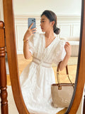Fongt New White French Design Feeling Waist Women's Dress Mid-Long Dress Temperament V-Neck Dress