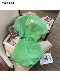 Summer Vintage Short Sleeve Turn-Down Collar Green Jumpsuits Women's Elegant High Waist Patchwork Single Breasted