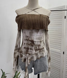 Fongt Shot Shoulder Cross Hanging Neck Knitting Mesh Yarn Coat Irregular Ribbon Horn Long-Sleeved T-Shirt 1101
