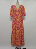 Fongt Summer Print V-Neck Sexy Bohemian Bubble Sleeve Holiday Beach Dress