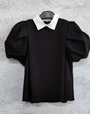 Lapel Neck Shirts Blouses Puff Short Sleeve Blusas Mujer Sweet Loose Camisas Office Lady Ropa Spring Summer Tops-Outfit