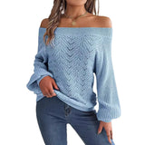 Shooting 2025 Autumn And Winter Leisure Pure Color Hollow Word Collar Shoulder Lantern Sleeve Sweater Women's