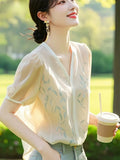 Fongt Small Fresh Short Sleeve Chiffon Shirt Women's Summer 2025 New Temperament Elegant Printed Shirt V Collar Top