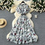 Fongt Niche High-End Light Style Single Row Buckle Short-Sleeved Printed Shirt Dress Female Magenta Vintage Chiffon Dress