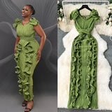 Fongt High-End High-End Light Luxury Small Frills Fold Three-Dimensional Lotus Leaf Side Of The Long Temperament Dress Woman