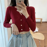 Women V-Neck Knitted Casual Short Sweaters Cardigans Lady Full Sleeve Thin Cardigan Outwear Crop Top for Female-Outfit