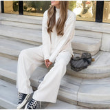 Fongt New Hot Pure Color Knitted Jacket High-Collar Sweater Set Loose Top + Pants Women