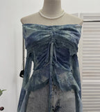 Fongt Old-Fashioned Green Shoulder Horn Sleeve Blouse Dye Net Yarn Lace Draw Rope Short T-Shirt 8010