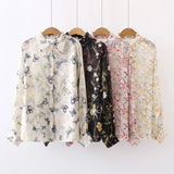 New Women Butterfly Floral Embroidery Lantern Sleeve Chiffon Blouse Button Up Transparent Shirt Casual Sunscreen Tops