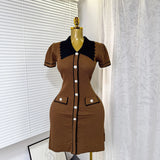Fongt Retro Trendy Polo Collar Short-Sleeved Dress Women's Summer Metal Buckle Waist Thin Knitted Skirt
