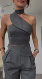 Fongt Summer New Hottie Collar Hanging Neck Repair On The Body Of High-Waisted Straight Trousers Set