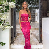 Summer Personalized Slim Tube Top Printed Vest Sexy Hip-packing Skirt Two-piece Set Elegant Sexy Party Dress Club Clothing-Outfit