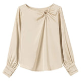 Women's Blouses Embroidered Flares Long Sleeve Shirt Women Solid Skew Collar Elegant Ladies Tops Basic OL Woman