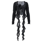 Fongt Hot Style Wood Ear Lace V Neck Gauze Fold Perspective Cardigan Long Sleeve